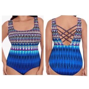 SWIM SOLUTIONS Women's Printed One-Piece Swimsuit Colorful Long Torso Size 8 NWT